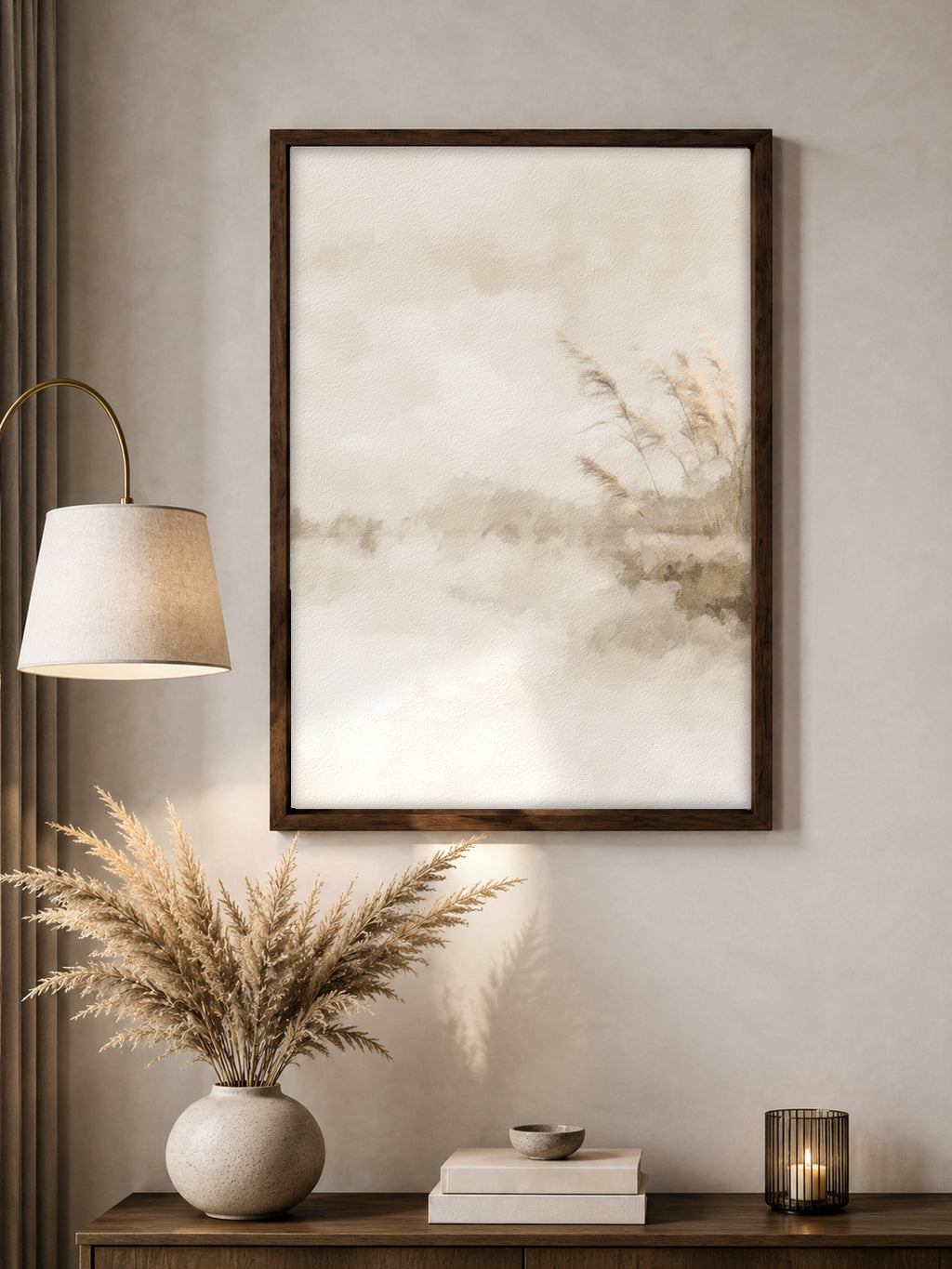 Pampas grass wall art print in a bedroom