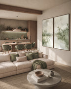Close-up of olive green botanical wall art with branch details