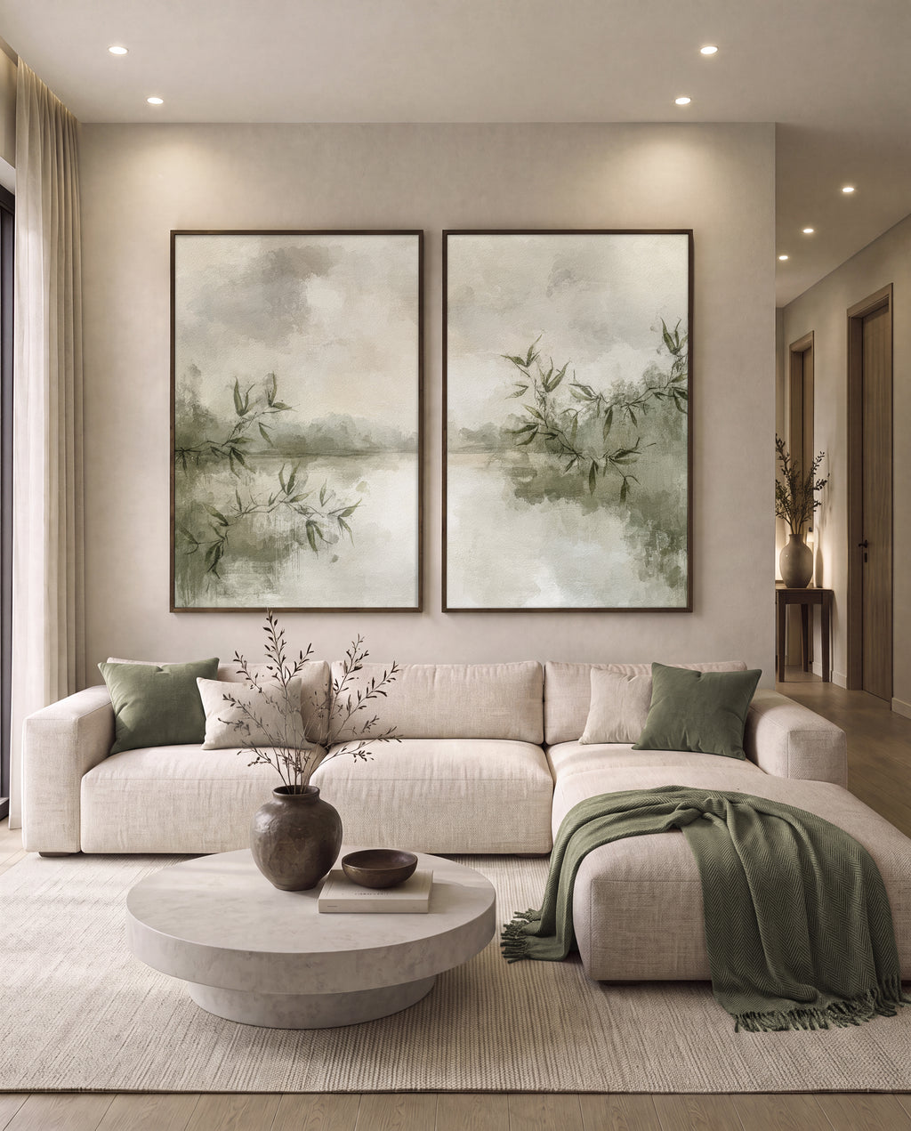 Olive green nature wall art set above a sofa in a modern living room