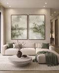 Olive green nature wall art set above a sofa in a modern living room
