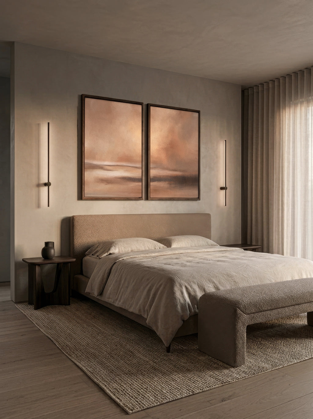 Large terracotta wall art set in a living room setting