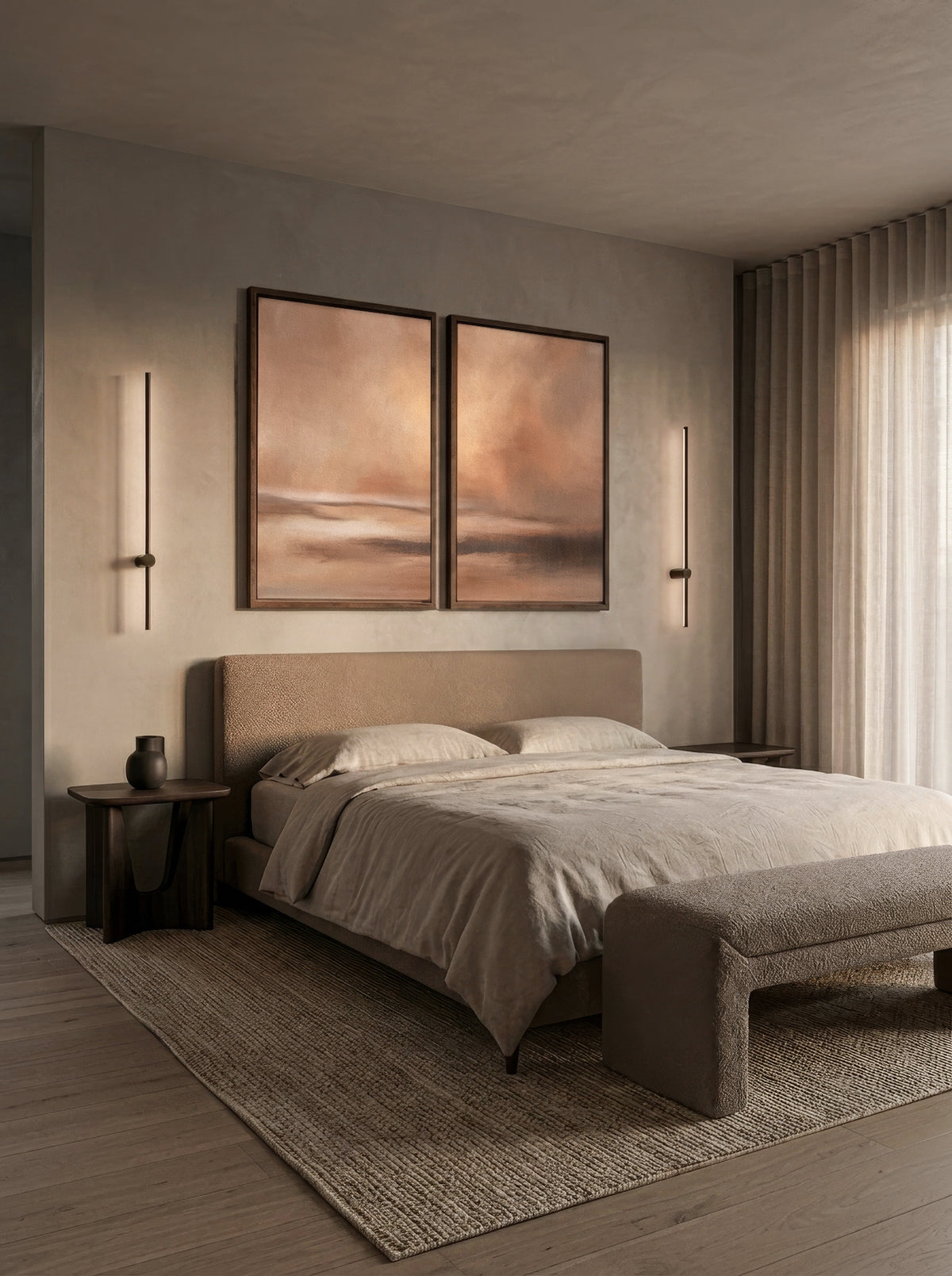 Large terracotta wall art set in a living room setting