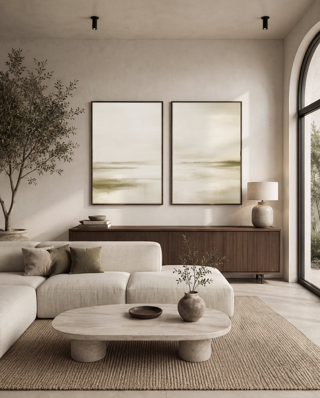 Olive green minimalist wall art set in Japandi style