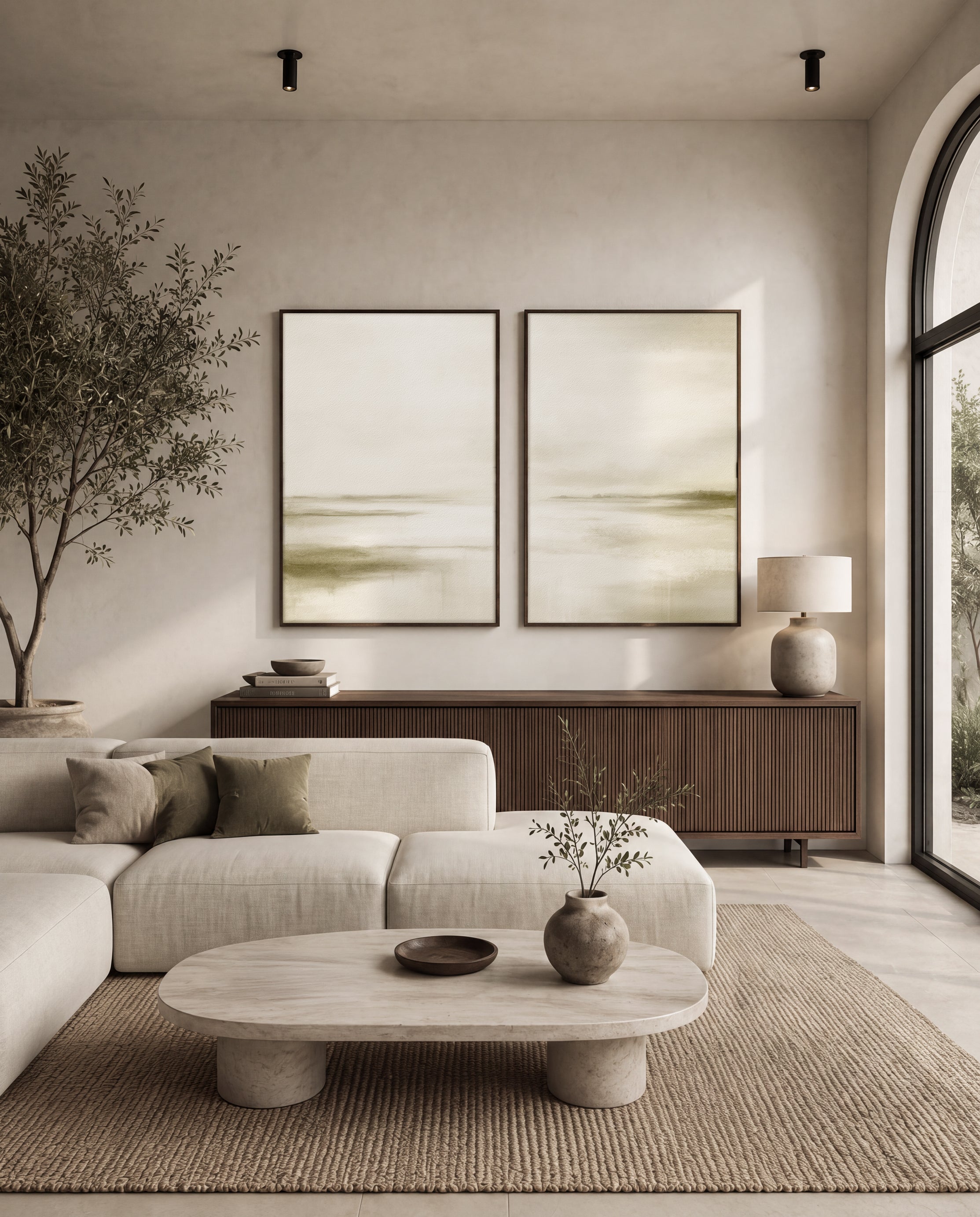 Olive green minimalist wall art set in Japandi style