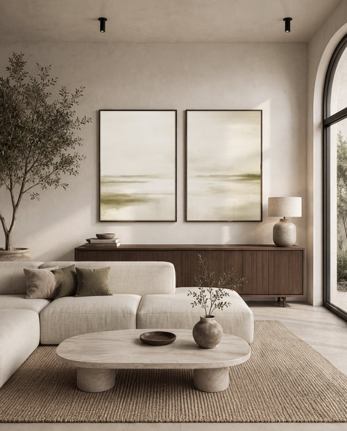 Olive green minimalist wall art set in Japandi style