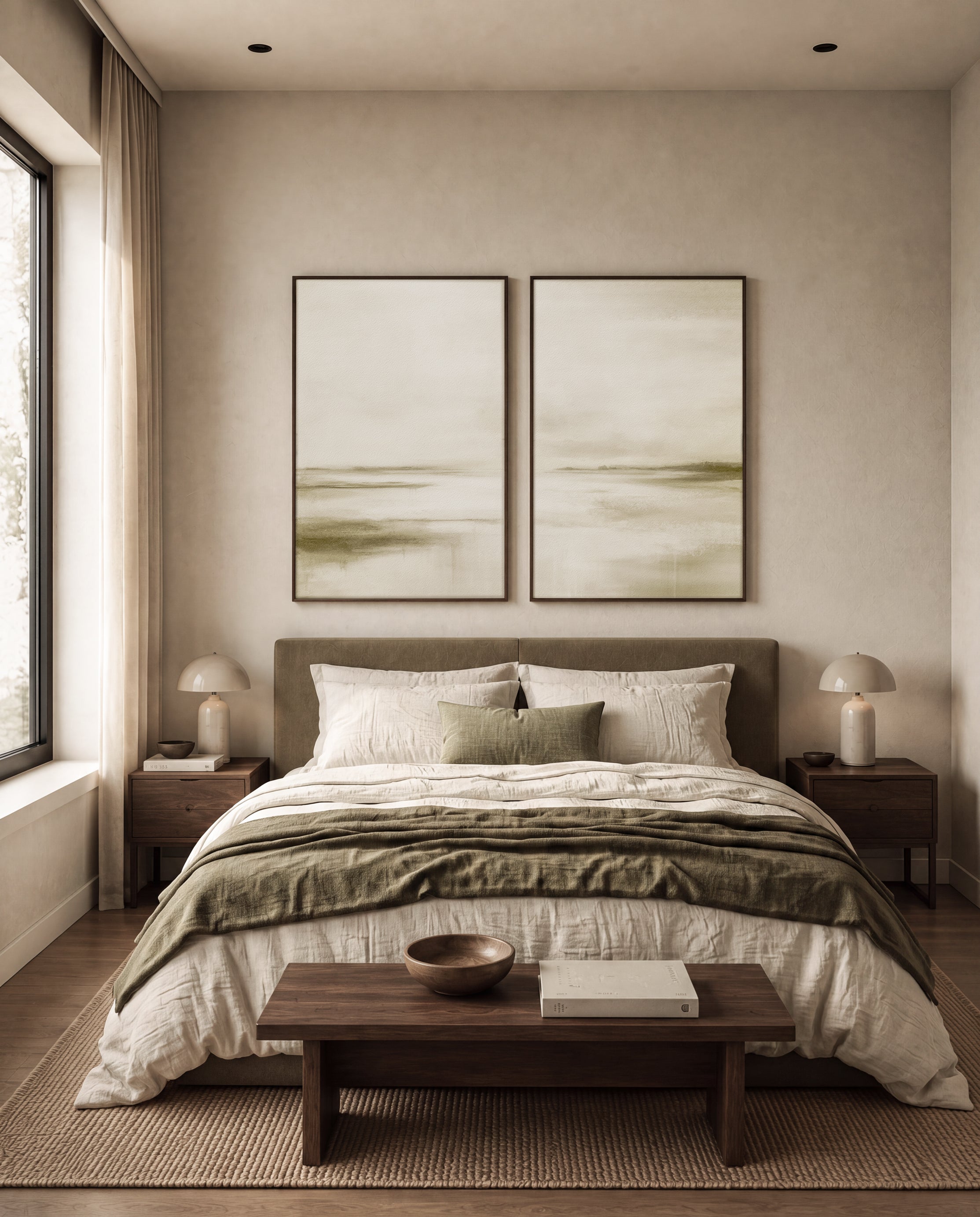 Large olive green wall art set styled above a bed in a modern bedroom