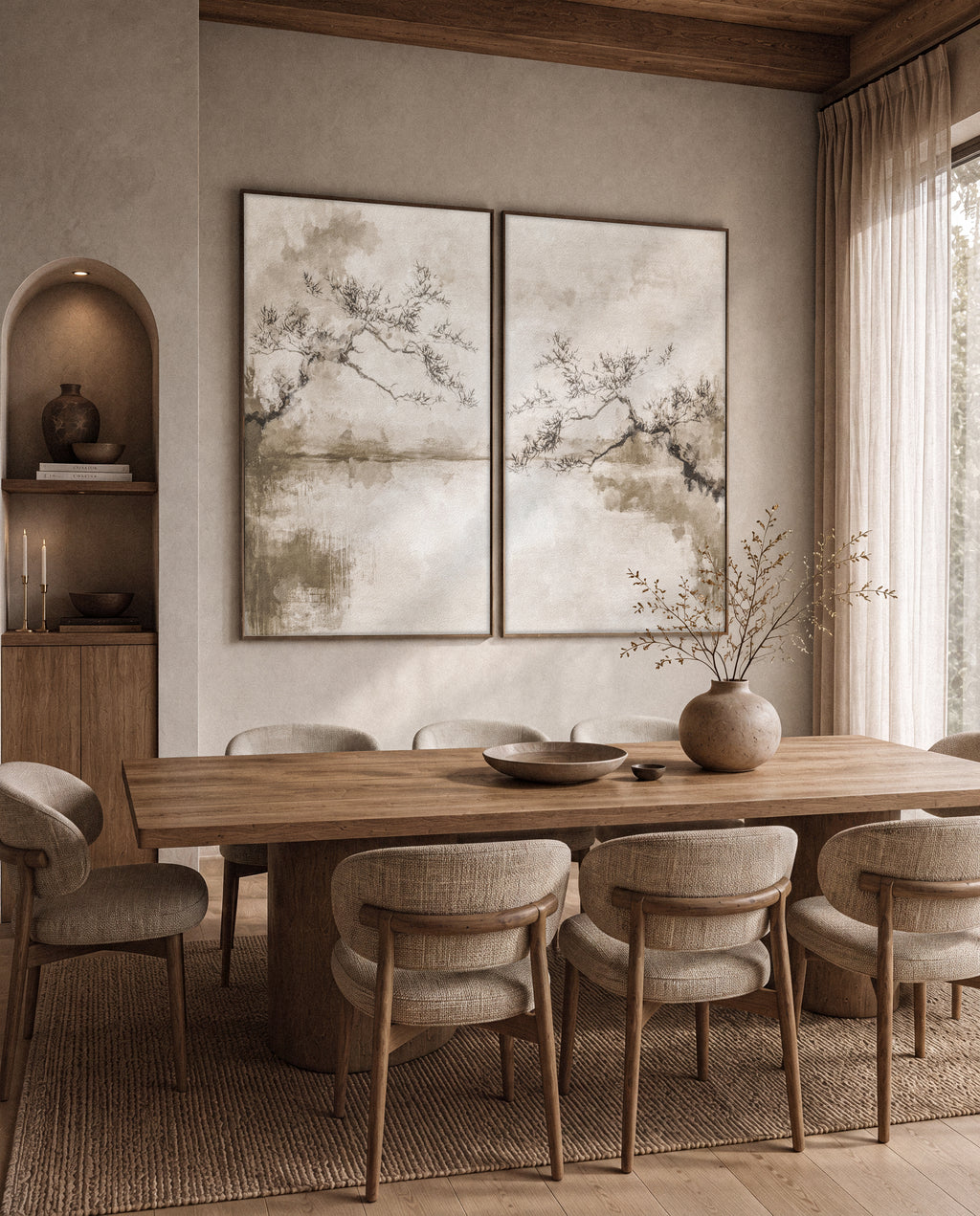 Tree wall art set in beige and brown tones, Japandi style